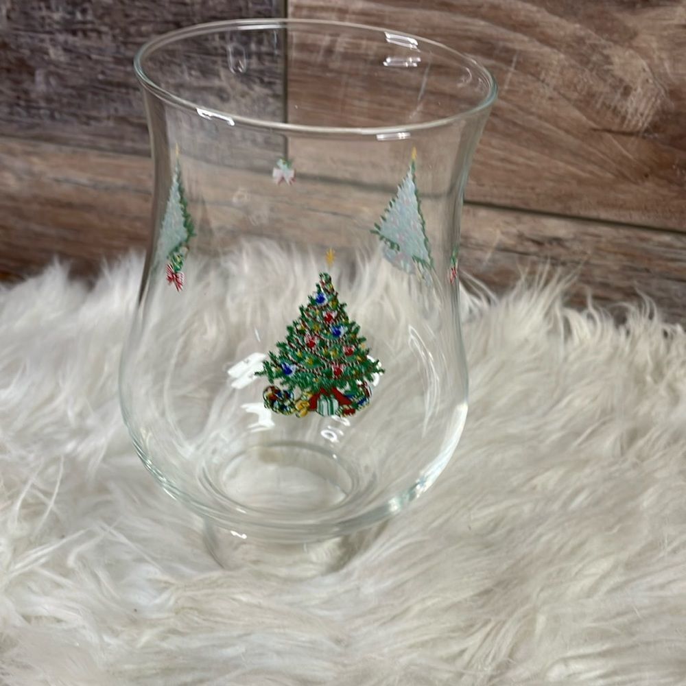 Luminarc Christmas Hurricane Lamp Globe, Clear Glass Holiday Tree Graphic 6 1/2”